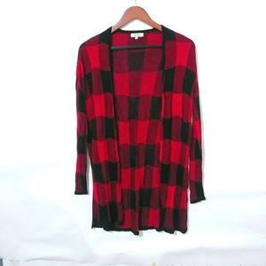 Mudd XS Red Black Buffalo Plaid Long Open Cardigan Top